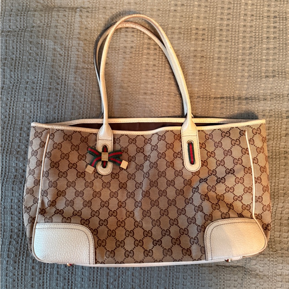 Gucci Beige GG Canvas Tote with Ivory Leather Trim and Red/Green Web Accent